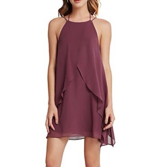 BCBGeneration Halter Mini Chiffon Layered Dress Plum Merlot L - Picture 1 of 8